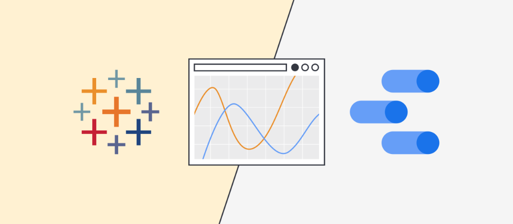Illustration, die die beiden Datenvisualisierungs-Tools Tableau und Looker gegenüberstellt 